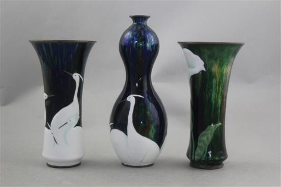 Three Japanese Musen and Moriage enamel vases, c.1900-10, signed Hattori Tadasaburo, 15.2cm and 18.3cm, some damage